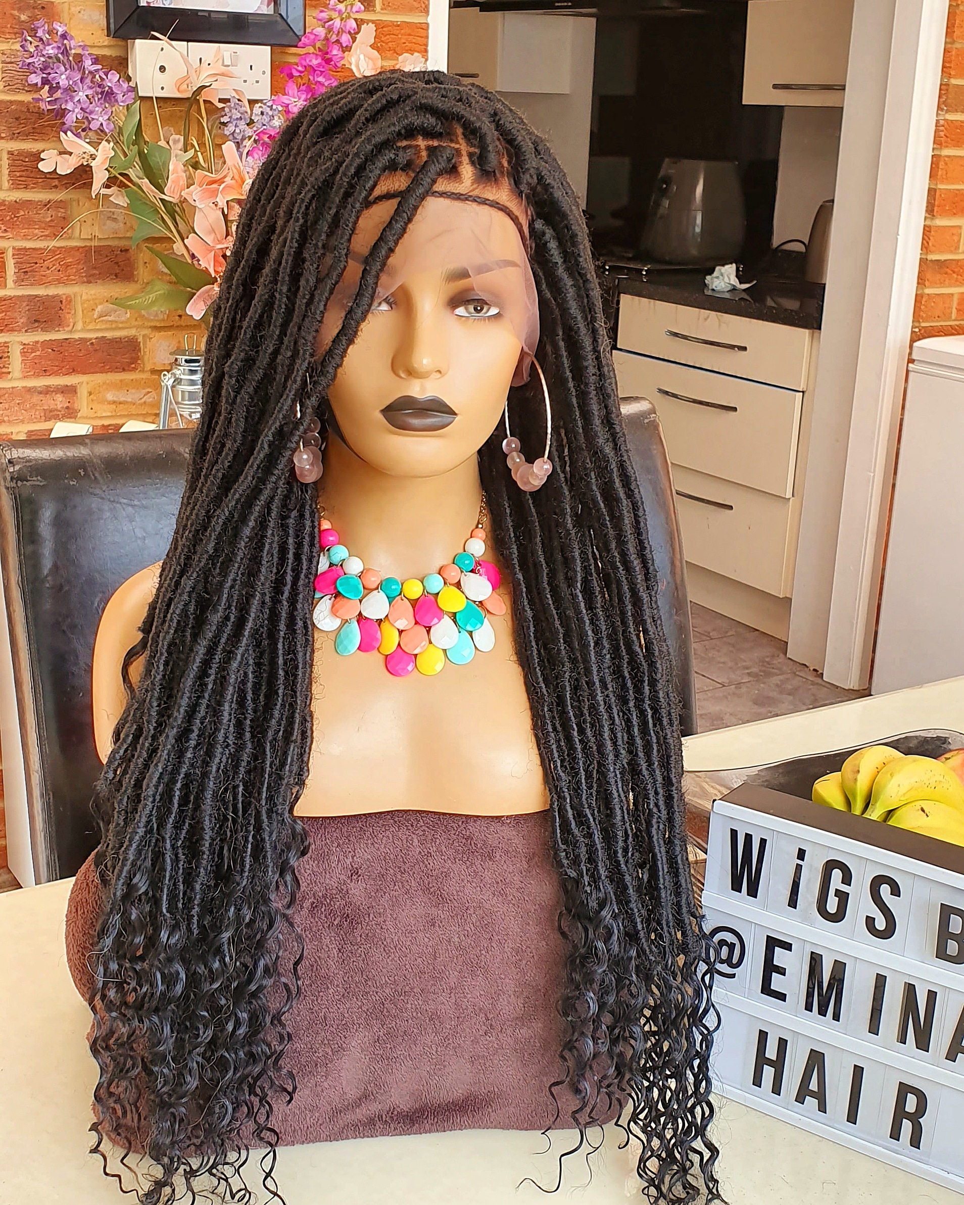 Olax Black Faux Locs Braided Wig