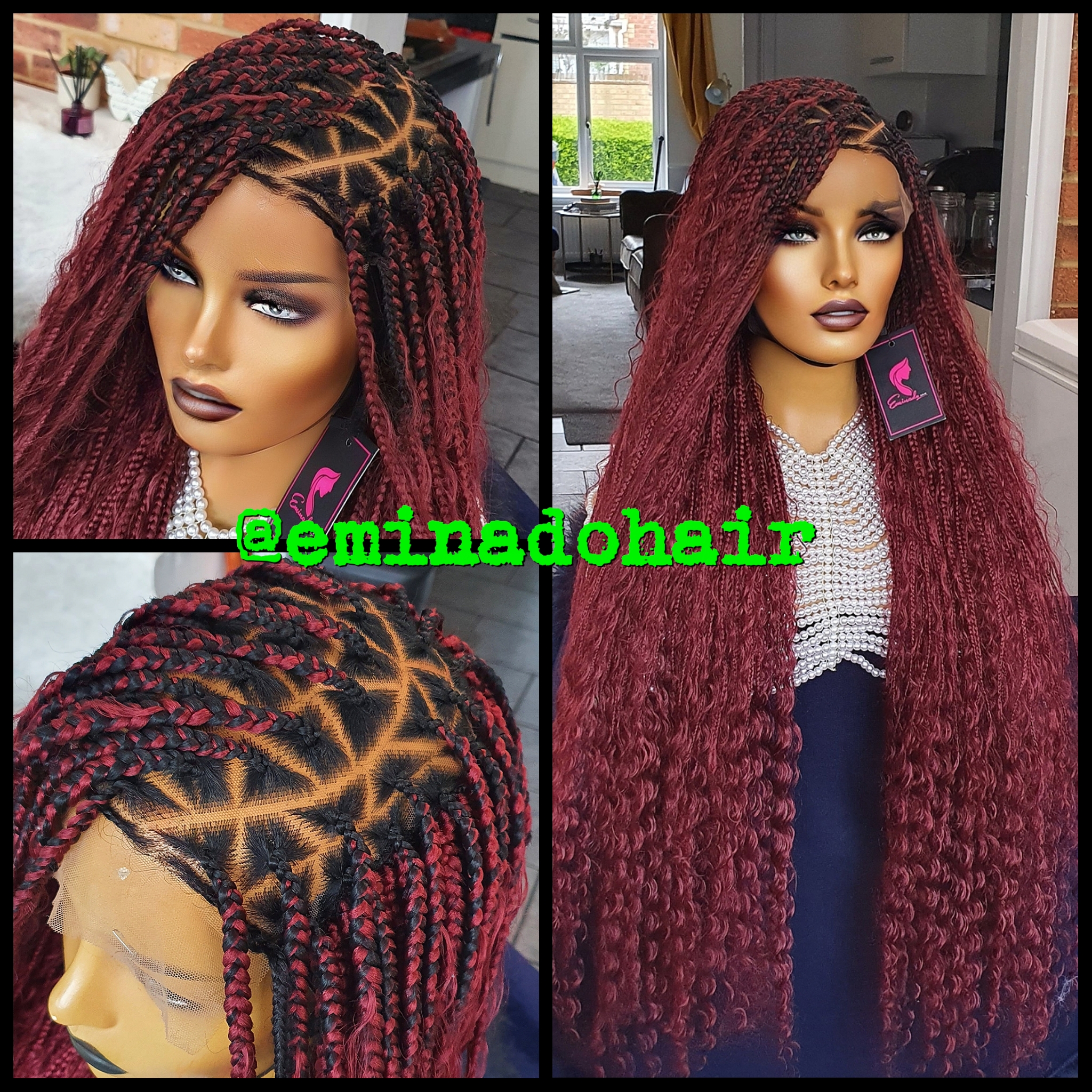 Tiny knotless braids burgundy colour long braids wig