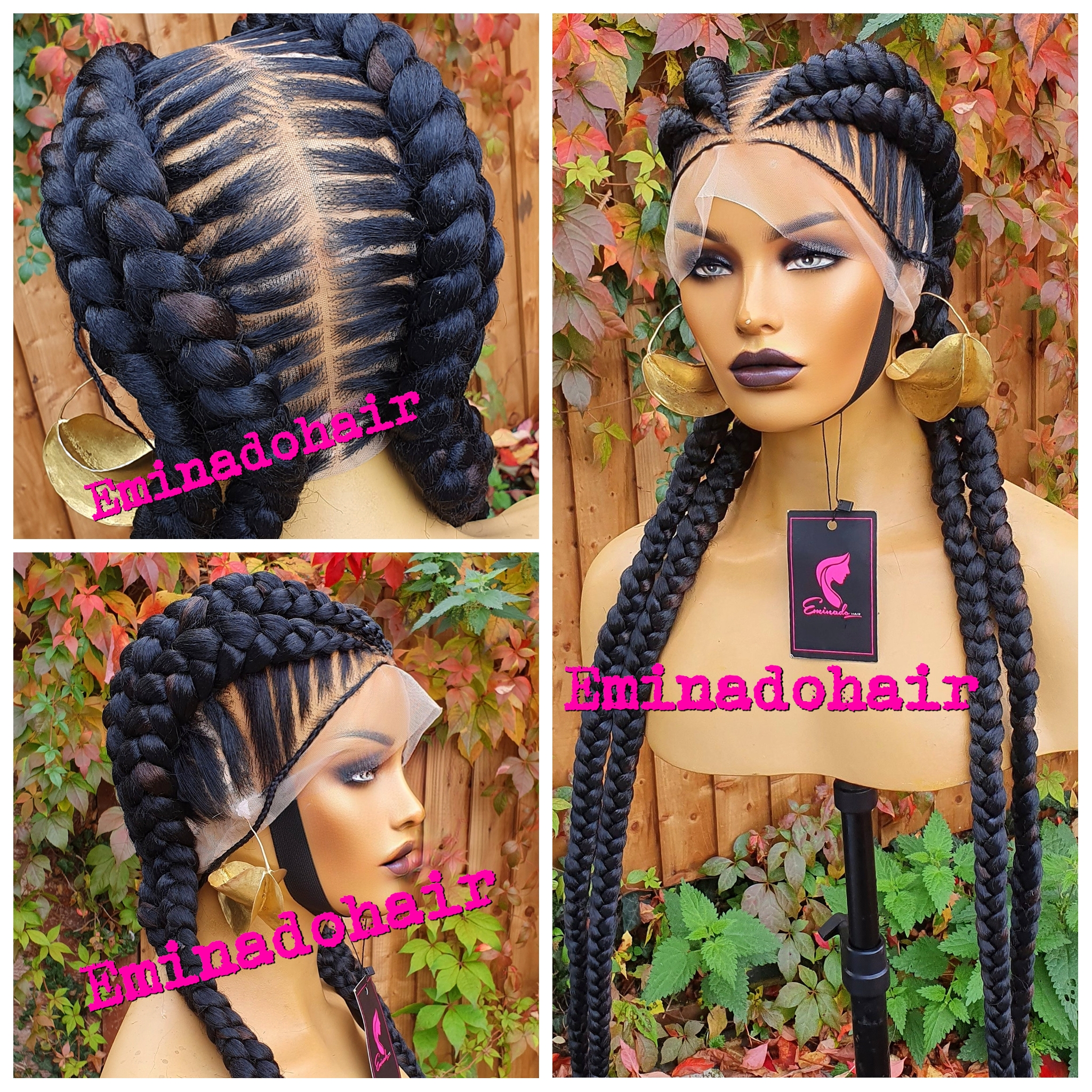 Braided Wig Long Cornrow Lace Front Black Women Synthetic 4 French Braids  1B