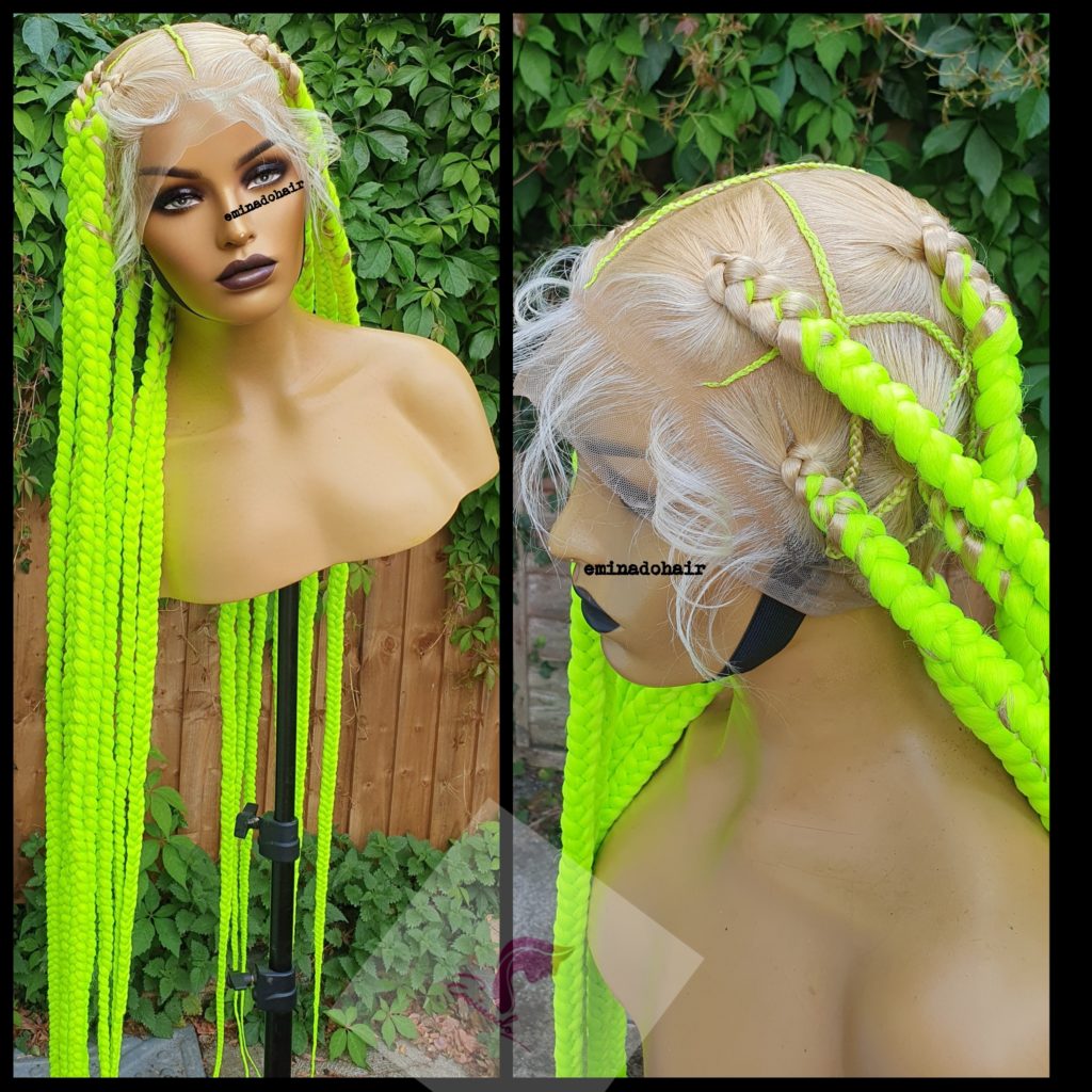 Neon green box braids 💚💛🖤 stylist - @bitofsugar.co - - - - #beautysupply  #beautysupplystore #dfw #dallasfortworth #dfwbeautician